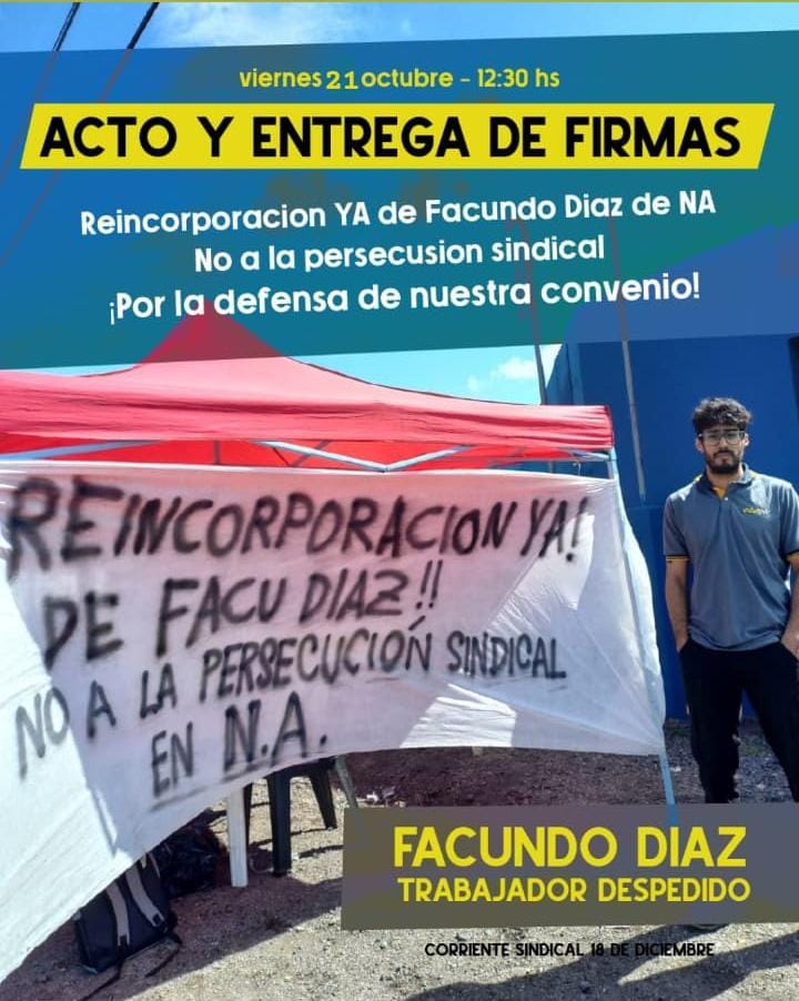 Organizaciones y activistas sindicales apoyan la Campaña por la Reincorporación de Facundo Diaz a Neumáticos de Avanzada