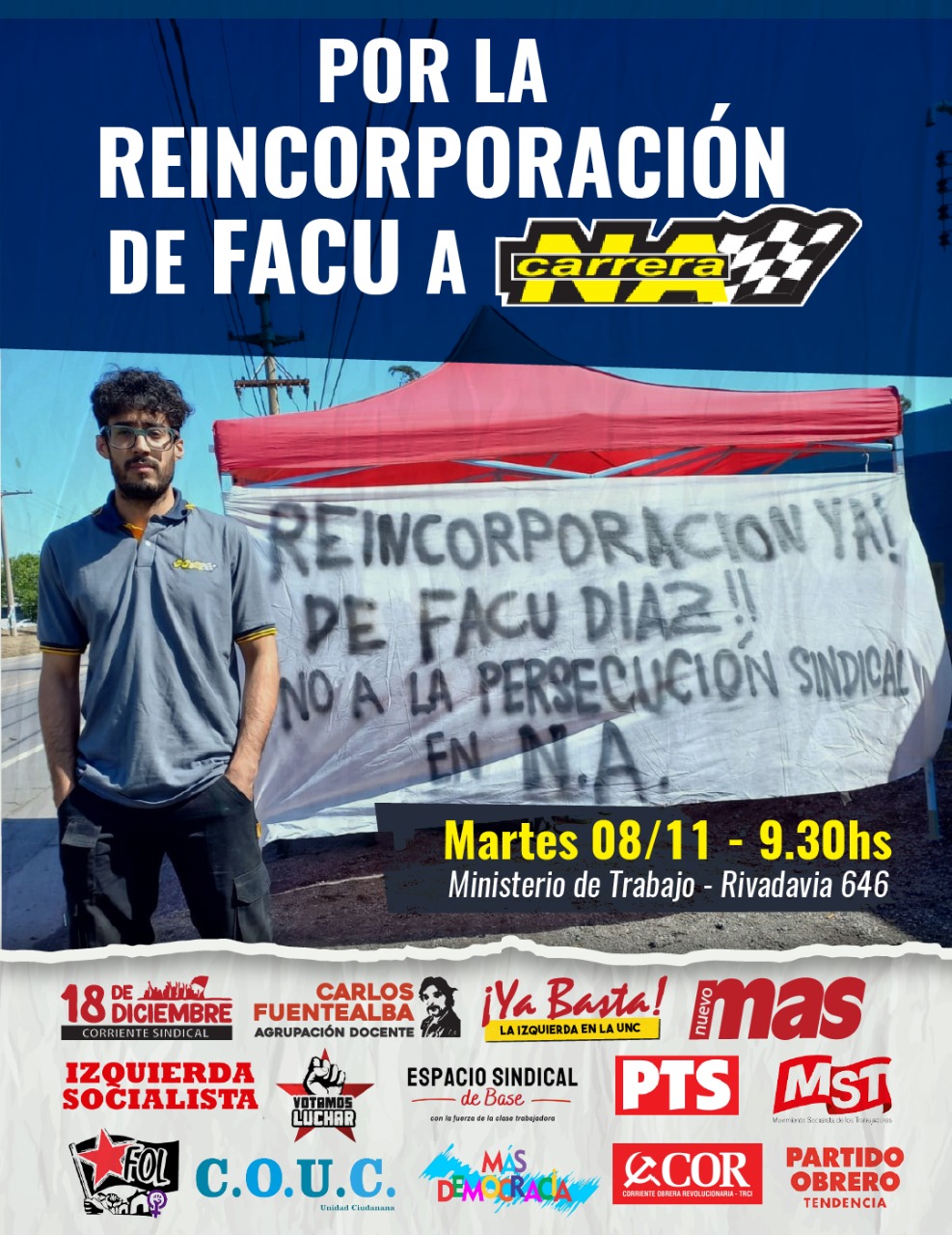 Movilización al Ministerio de Trabajo por la reincorporación de Facundo Díaz a Neumáticos de Avanzada