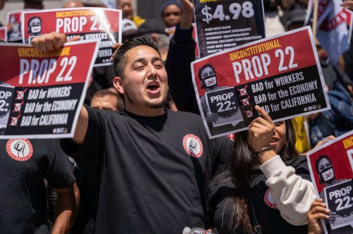 Uber, Lyft, Doordash and other gig workers with the California Gig Workers Union rallied outside California Gig Workers Union